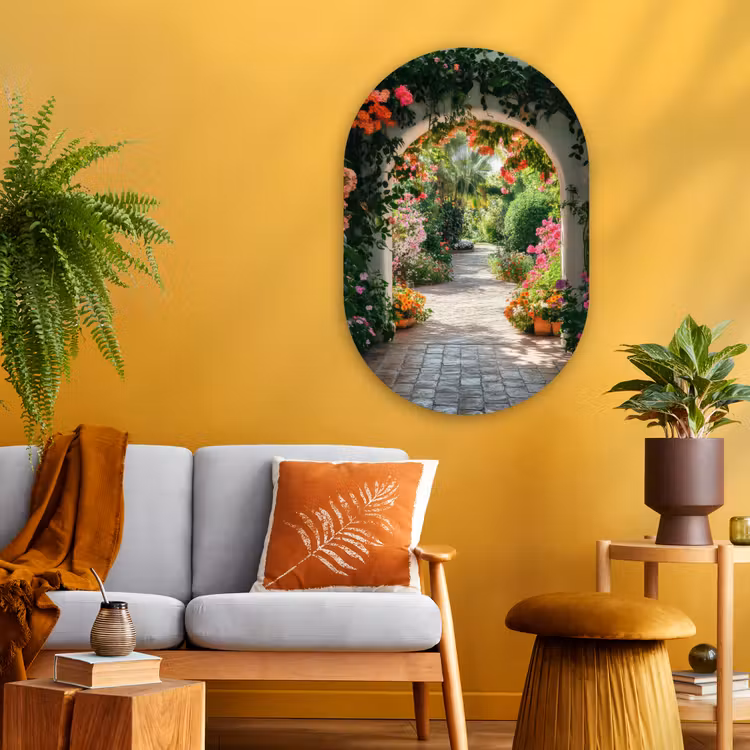 Doorkijk - Bloemen - Natuur - Bloementuin Wandcirkel Ovaal Glas middel -sfeer4