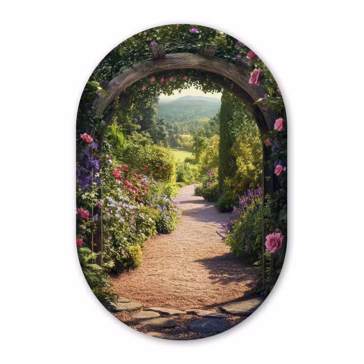 Doorkijk - Bloemen - Natuur - Rozenboog Wandcirkel Ovaal Glas middel -3d