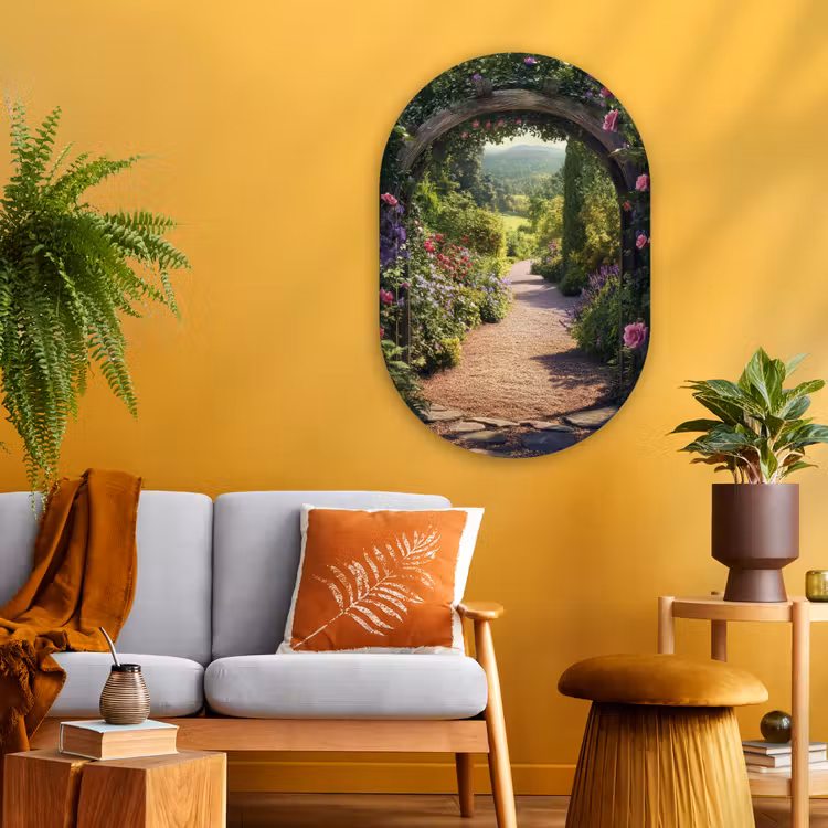 Doorkijk - Bloemen - Natuur - Rozenboog Wandcirkel Ovaal Glas middel -sfeer4