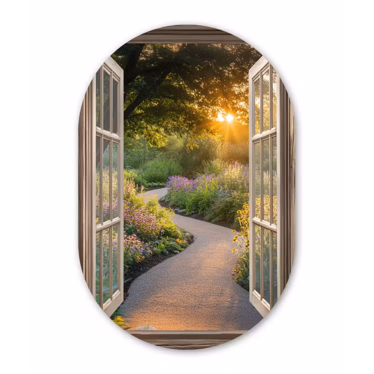 Doorkijk - Bloemen - Natuur - Zon - Pad Wandcirkel Ovaal Glas middel -3d