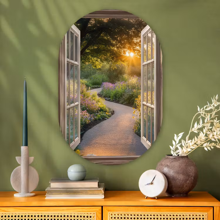 Doorkijk - Bloemen - Natuur - Zon - Pad Wandcirkel Ovaal Glas middel -sfeer2