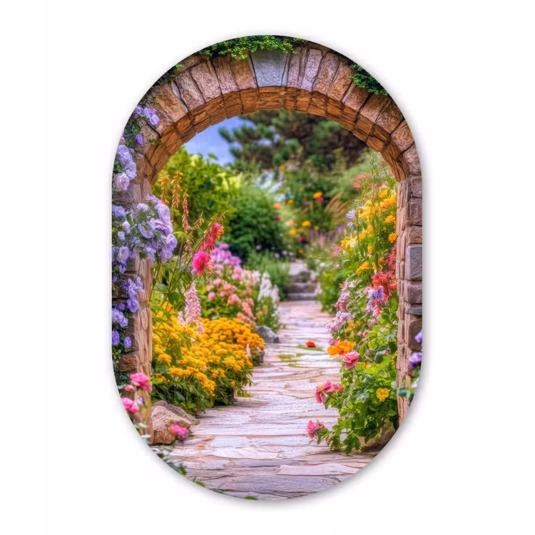 Doorkijk - Bloemen - Pad - Natuur Wandcirkel Ovaal Glas middel -3d