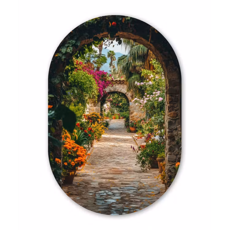 Doorkijk - Bloemen - Poort - Stenen Wandcirkel Ovaal Glas middel -3d