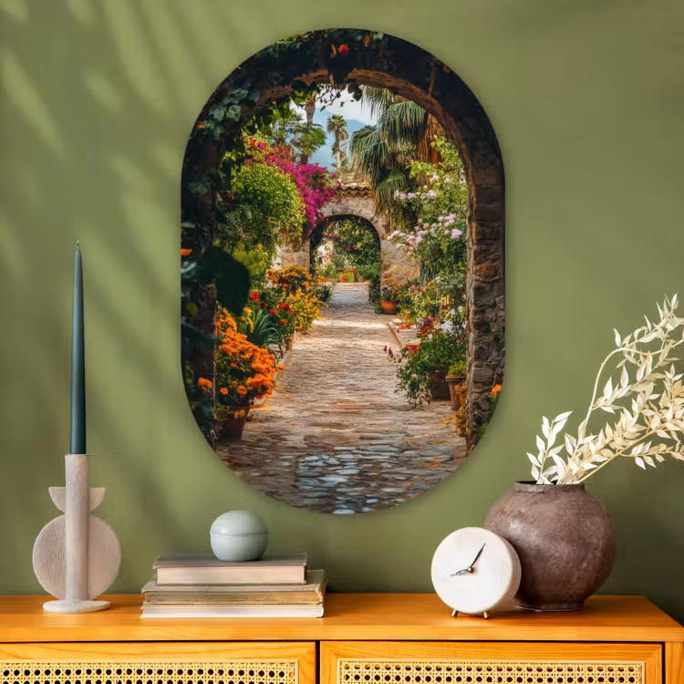 Doorkijk - Bloemen - Poort - Stenen Wandcirkel Ovaal Glas middel -sfeer2