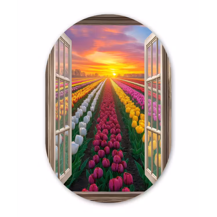 Doorkijk - Bloemen - Tulpen - Kleurrijk - Zonsondergang Wandcirkel Ovaal Glas middel -3d