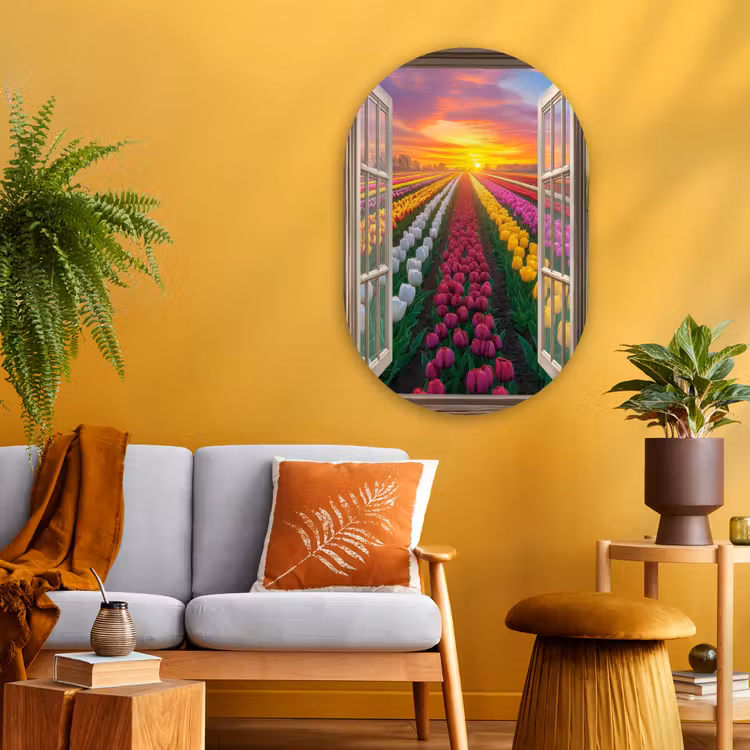 Doorkijk - Bloemen - Tulpen - Kleurrijk - Zonsondergang Wandcirkel Ovaal Glas middel -sfeer4