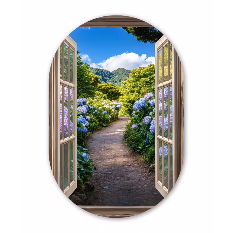 Doorkijk - Hortensia - Pad - Natuur Wandcirkel Ovaal Glas middel -3d
