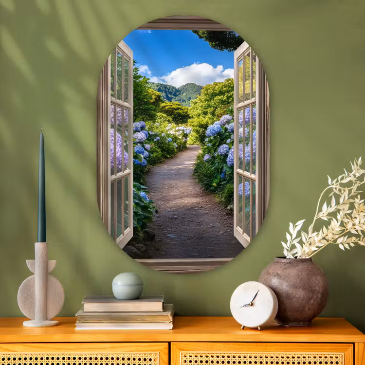 Doorkijk - Hortensia - Pad - Natuur Wandcirkel Ovaal Glas middel -sfeer2