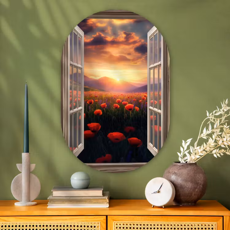 Doorkijk - Klaprozen - Bloemen - Rood - Open raam Wandcirkel Ovaal Glas middel -sfeer2