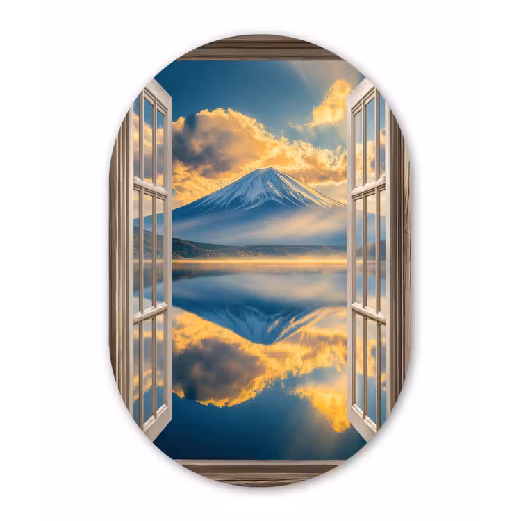 Doorkijk - Landschap - Bergen - Uitzicht - Raam Wandcirkel Ovaal Glas middel -3d