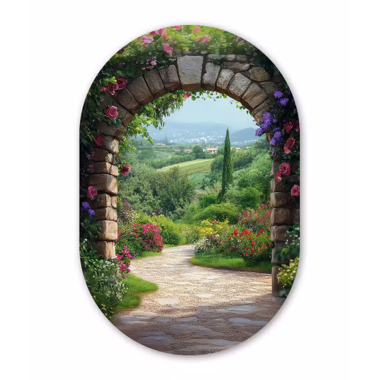 Doorkijk - Landschap - Bloemen - Pad - Uitzicht Wandcirkel Ovaal Glas middel -3d