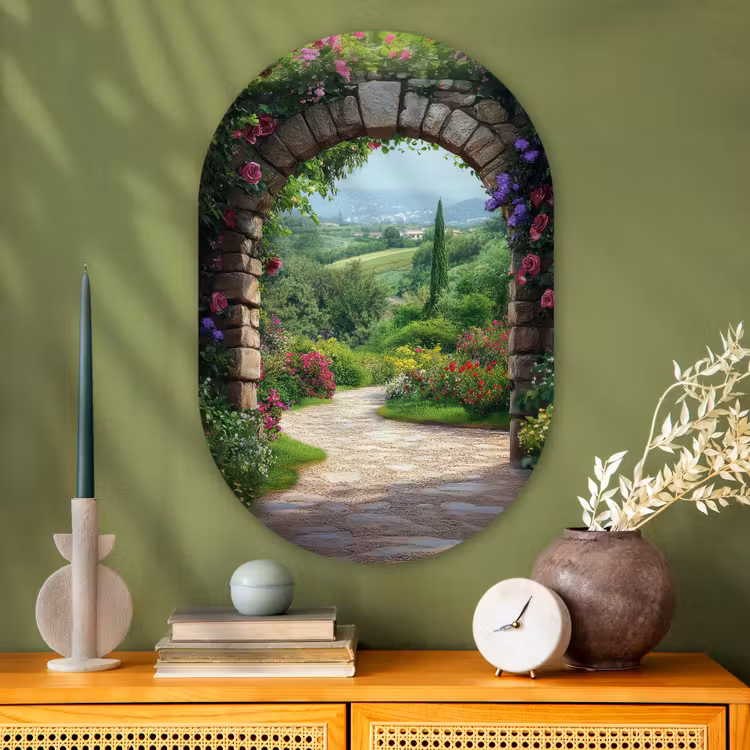 Doorkijk - Landschap - Bloemen - Pad - Uitzicht Wandcirkel Ovaal Glas middel -sfeer2