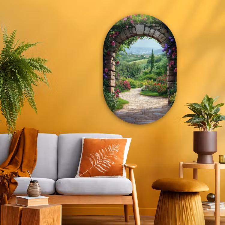 Doorkijk - Landschap - Bloemen - Pad - Uitzicht Wandcirkel Ovaal Glas middel -sfeer4