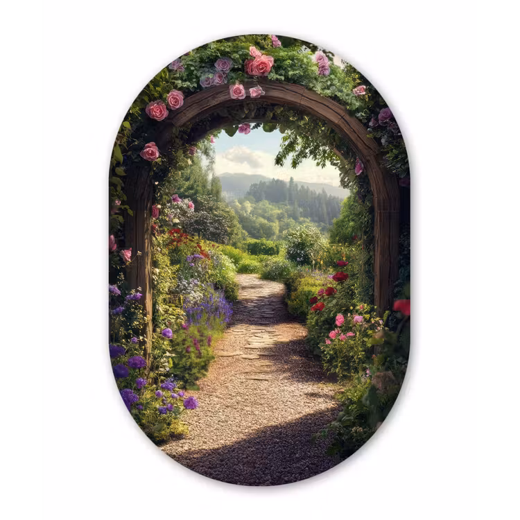 Doorkijk - Landschap - Bloemen - Rozenboog - Natuur Wandcirkel Ovaal Glas middel -3d