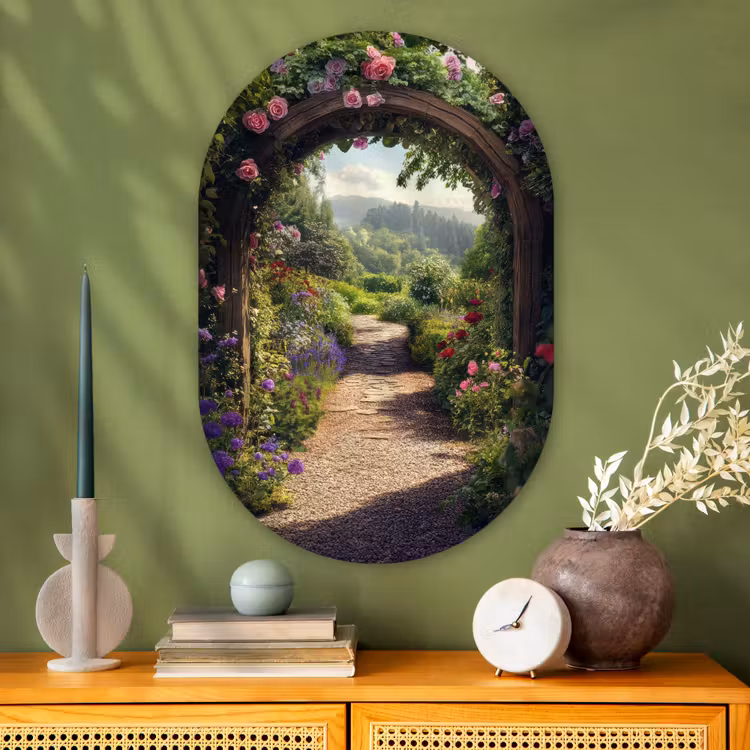 Doorkijk - Landschap - Bloemen - Rozenboog - Natuur Wandcirkel Ovaal Glas middel -sfeer2
