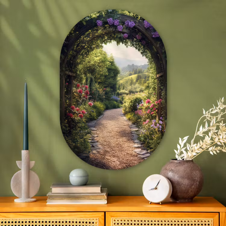 Doorkijk - Landschap - Bloemen - Tuinboog - Natuur Wandcirkel Ovaal Glas middel -sfeer2