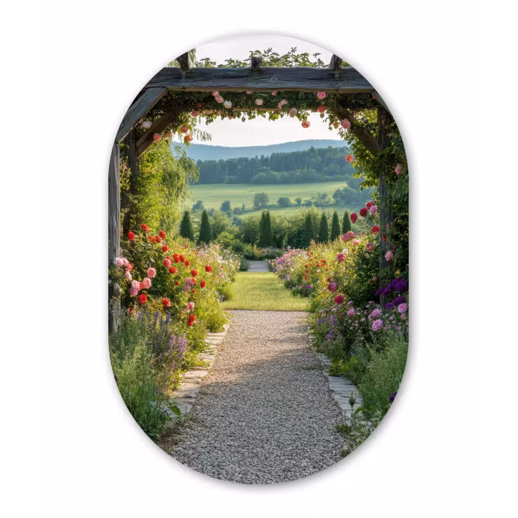 Doorkijk - Landschap - Natuur - Tuinboog - Bloemen Wandcirkel Ovaal Glas middel -3d