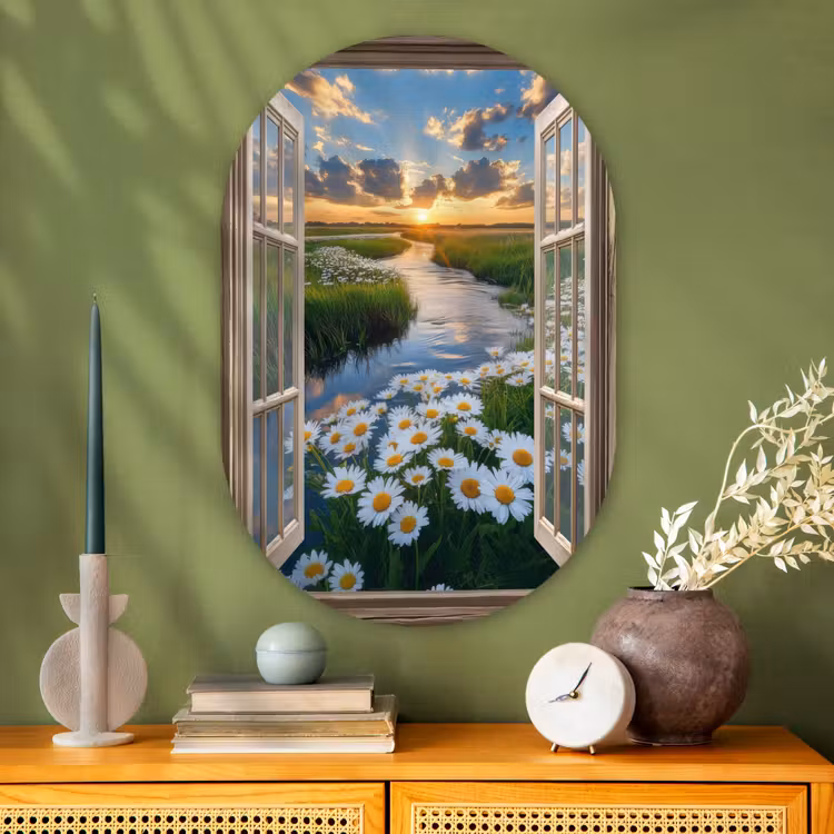 Doorkijk - Landschap - Raam - Water - Zonsondergang Wandcirkel Ovaal Glas middel -sfeer2