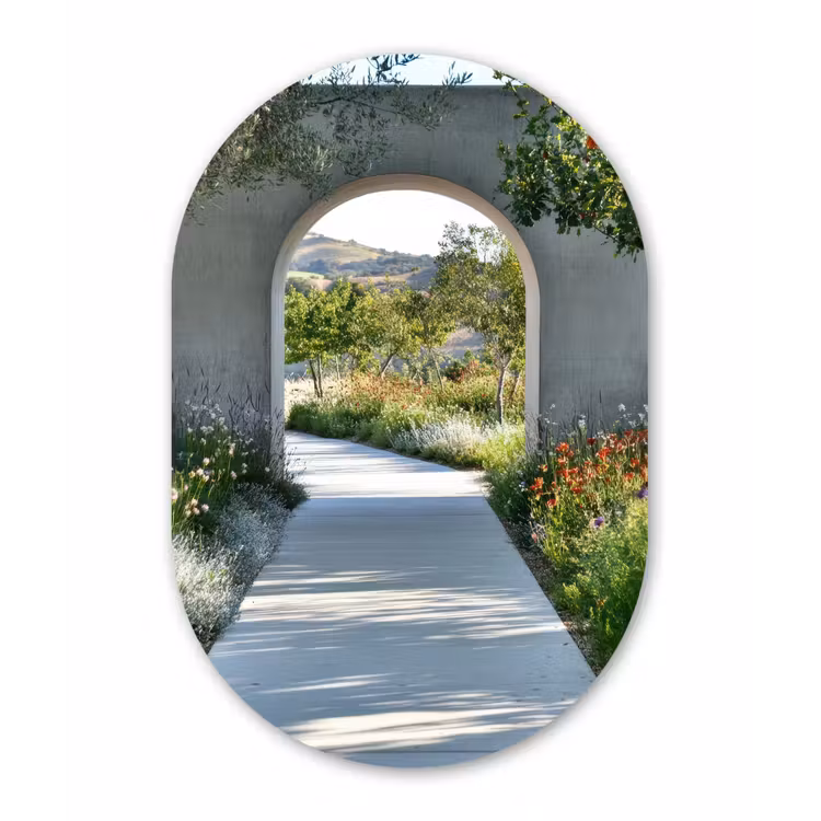 Doorkijk - Pad - Beton - Landschap Wandcirkel Ovaal Glas middel -3d