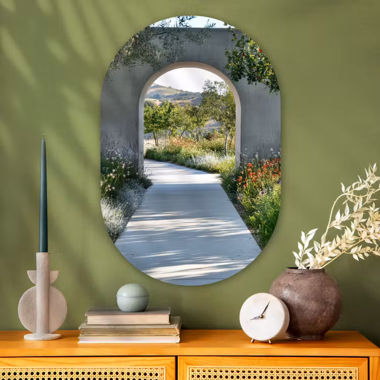 Doorkijk - Pad - Beton - Landschap Wandcirkel Ovaal Glas middel -sfeer2