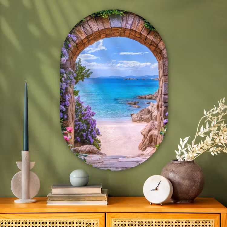 Doorkijk - Poort - Zee - Strand - Rotsen Wandcirkel Ovaal Glas middel -sfeer2