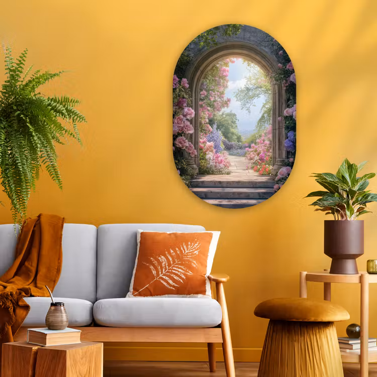 Doorkijk - Rozen - Vintage - Bloemen Wandcirkel Ovaal Glas middel -sfeer4