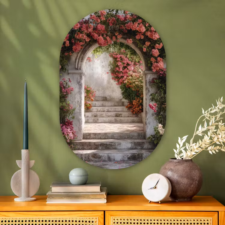 Doorkijk - Rozen - Vintage - Poort Wandcirkel Ovaal Glas middel -sfeer2