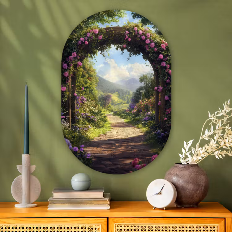 Doorkijk - Rozenboog - Uitzicht - Landschap - Bloemen Wandcirkel Ovaal Glas middel -sfeer2
