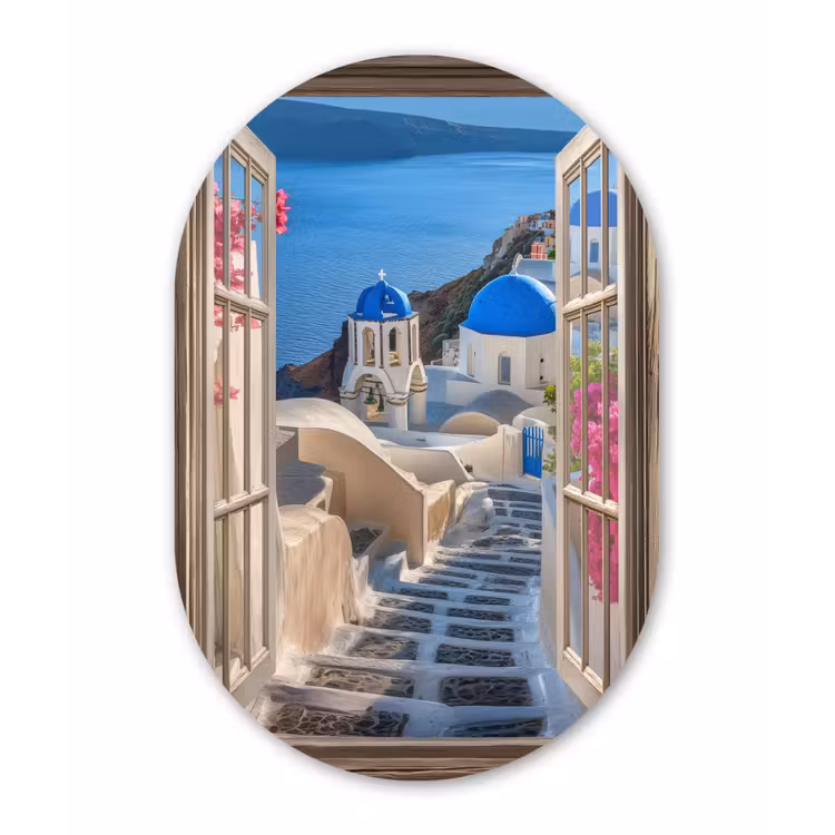 Doorkijk - Santorini - Landschap - Blauw - Grieks Wandcirkel Ovaal Glas middel -3d