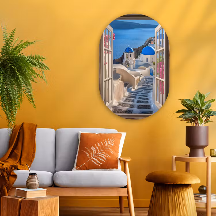 Doorkijk - Santorini - Landschap - Blauw - Grieks Wandcirkel Ovaal Glas middel -sfeer4