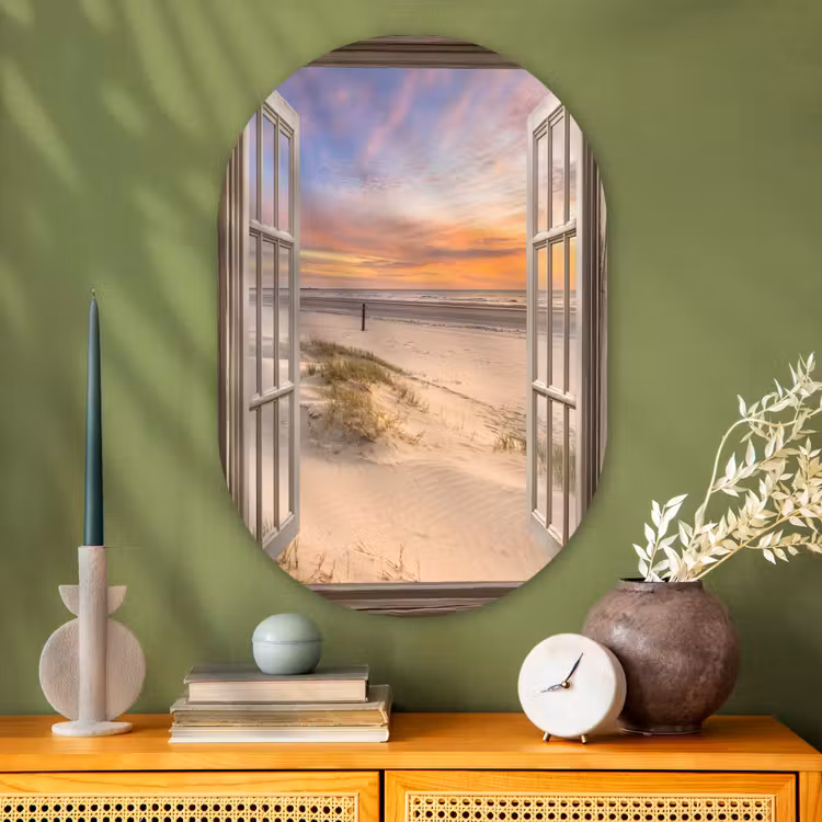 Doorkijk - Strand - Duinen - Natuur - Landschap Wandcirkel Ovaal Glas middel -sfeer2