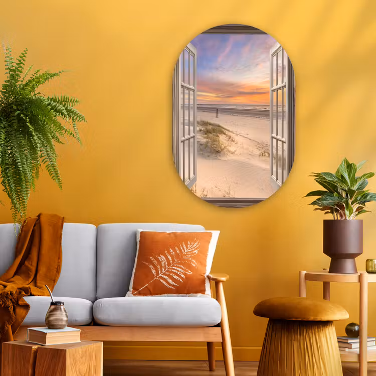 Doorkijk - Strand - Duinen - Natuur - Landschap Wandcirkel Ovaal Glas middel -sfeer4
