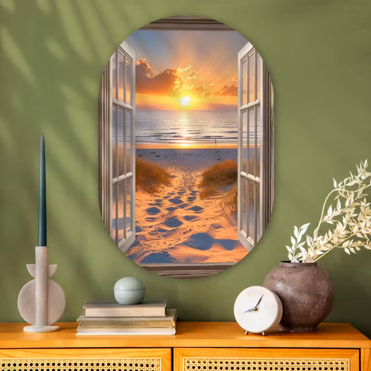 Doorkijk - Strand - Duinen - Zonsondergang Wandcirkel Ovaal Glas middel -sfeer2