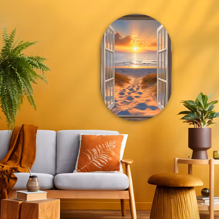 Doorkijk - Strand - Duinen - Zonsondergang Wandcirkel Ovaal Glas middel -sfeer4