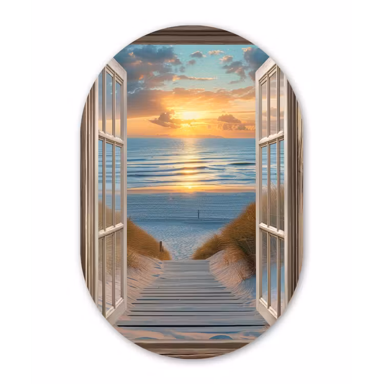 Doorkijk - Strand - Pad - Zonsondergang Wandcirkel Ovaal Glas middel -3d