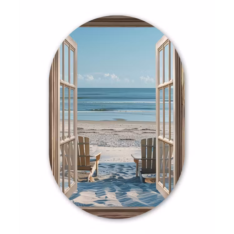 Doorkijk - Strandstoelen - Duinen - Zee - Natuur Wandcirkel Ovaal Glas middel -3d