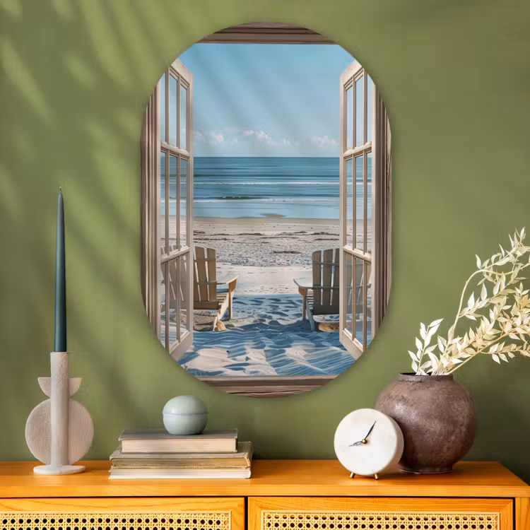Doorkijk - Strandstoelen - Duinen - Zee - Natuur Wandcirkel Ovaal Glas middel -sfeer2