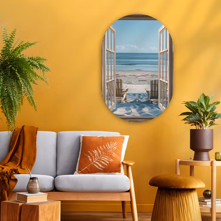 Doorkijk - Strandstoelen - Duinen - Zee - Natuur Wandcirkel Ovaal Glas middel -sfeer4
