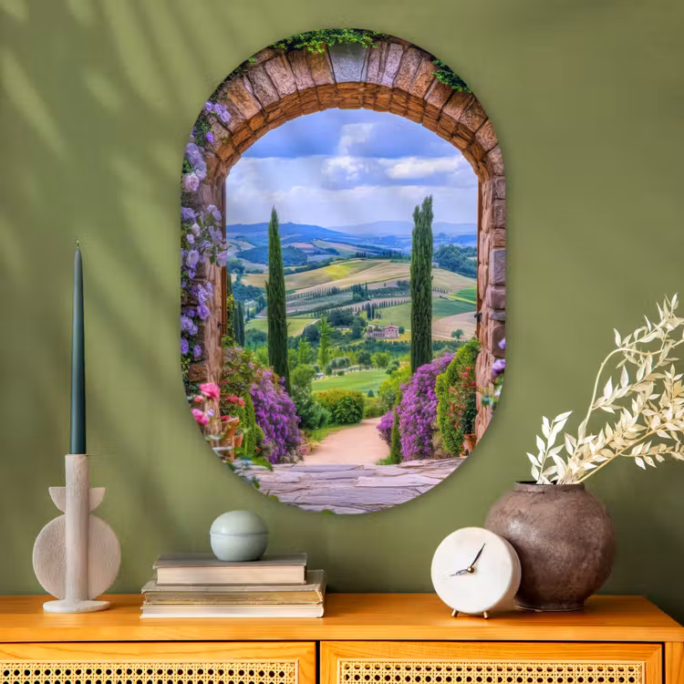 Doorkijk - Toscane - Landschap - Poort Wandcirkel Ovaal Glas middel -sfeer2