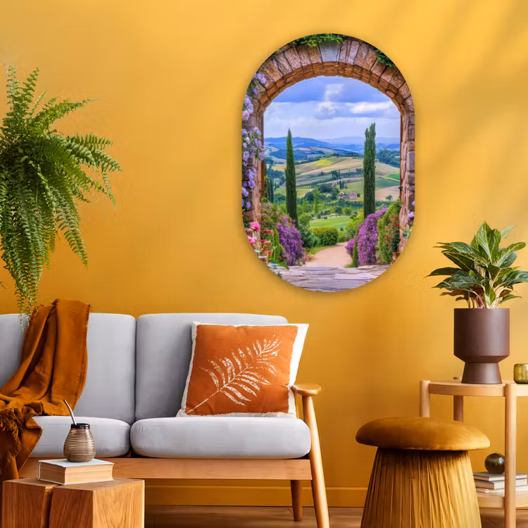 Doorkijk - Toscane - Landschap - Poort Wandcirkel Ovaal Glas middel -sfeer4