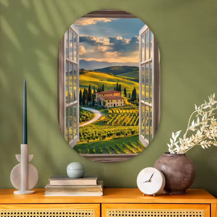 Doorkijk - Toscane - Uitzicht - Landschap - Zomer Wandcirkel Ovaal Glas middel -sfeer2