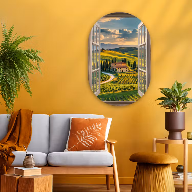 Doorkijk - Toscane - Uitzicht - Landschap - Zomer Wandcirkel Ovaal Glas middel -sfeer4
