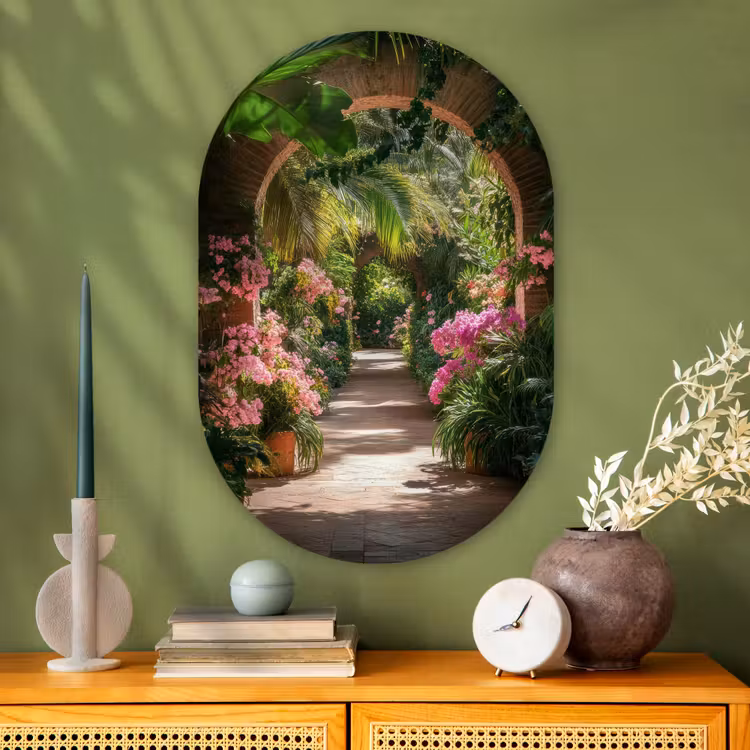 Doorkijk - Tropisch - Bloemen - Natuur Wandcirkel Ovaal Glas middel -sfeer2