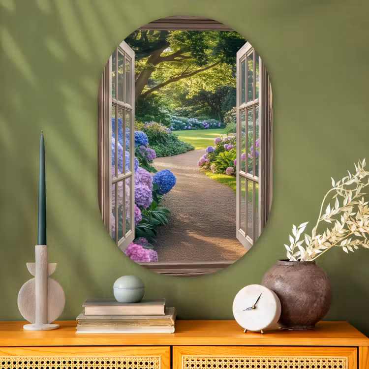 Doorkijk - Tuin - Raam - Hortensia - Bloemen Wandcirkel Ovaal Glas middel -sfeer2