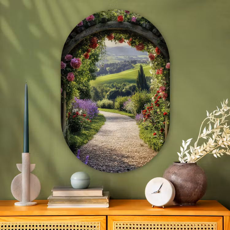 Doorkijk - Tuinboog - Bloemen - Natuur - Pad Wandcirkel Ovaal Glas middel -sfeer2