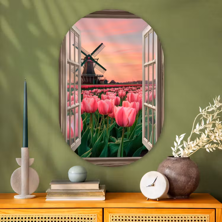 Doorkijk - Tulpen - Bloemen - Molen - Raam Wandcirkel Ovaal Glas middel -sfeer2