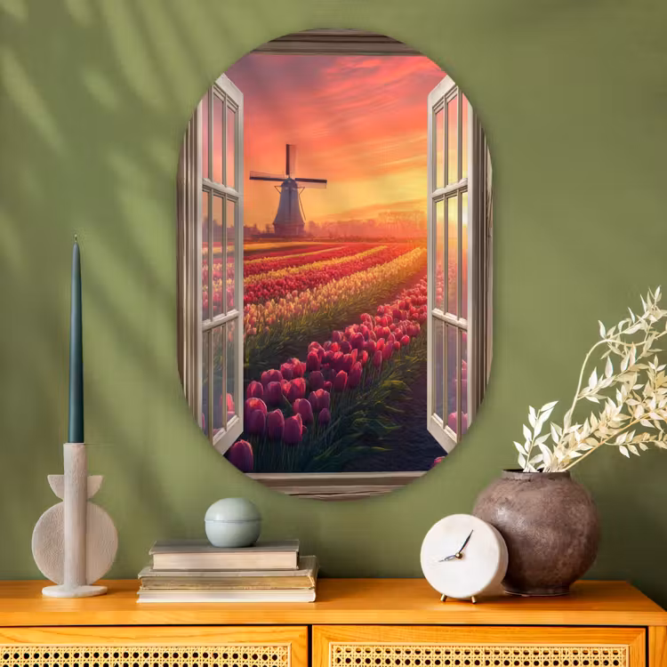 Doorkijk - Tulpen - Zonsondergang - Bloemen - Kleurrijk Wandcirkel Ovaal Glas middel -sfeer2