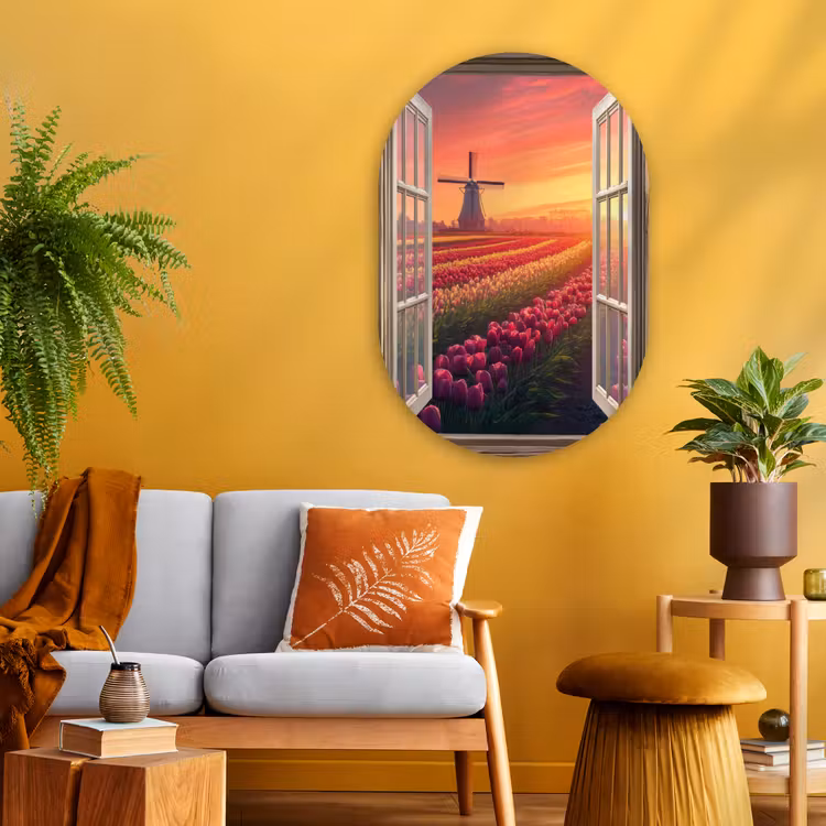Doorkijk - Tulpen - Zonsondergang - Bloemen - Kleurrijk Wandcirkel Ovaal Glas middel -sfeer4