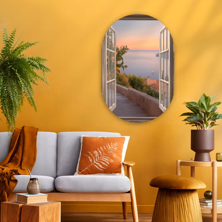 Doorkijk - Uitzicht - Meer - Landschap Wandcirkel Ovaal Glas middel -sfeer4