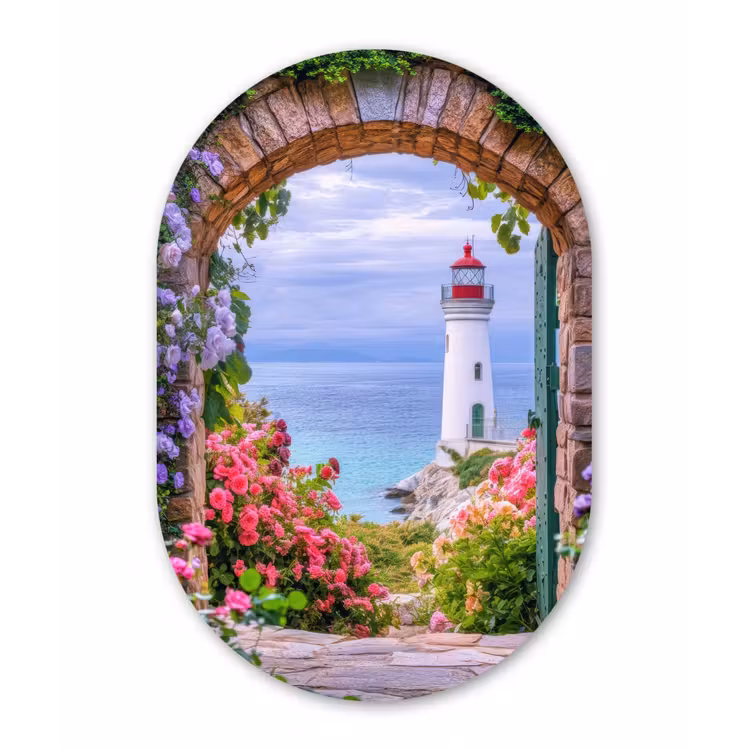 Doorkijk - Vuurtoren - Bloemen - Uitzicht Wandcirkel Ovaal Glas middel -3d